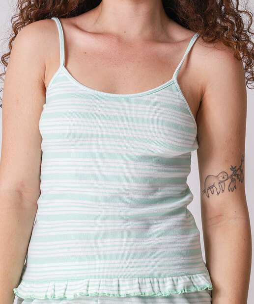 Pijama Feminino Canelado Listras Babado Marisa Verde
