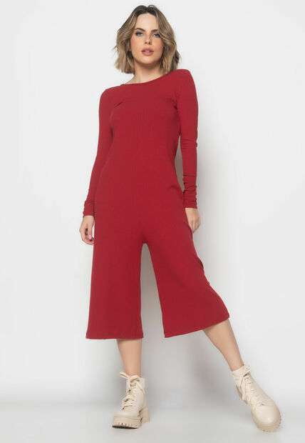 Image_Macacão Manga Longa  Pantacourt Canelado  Fashion Vermelho