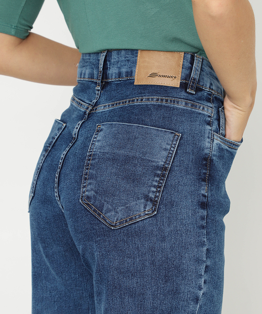 Calça Jeans Wide Leg Bolsos Feminina Sawary Azul