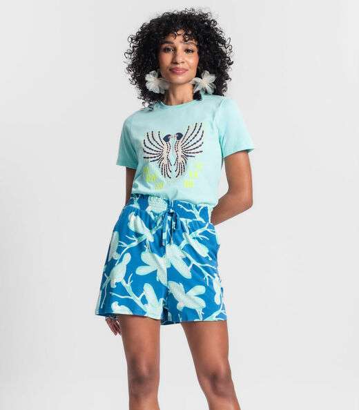 Shorts Feminino Estampa De Pássaros Rovitex Azul