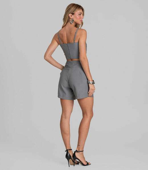 Shorts Feminino Cós Alto Em Alfaiataria Dianna Cinza