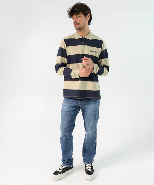 Polo Masculina Moletinho Listrada Manga Longa MR Bege