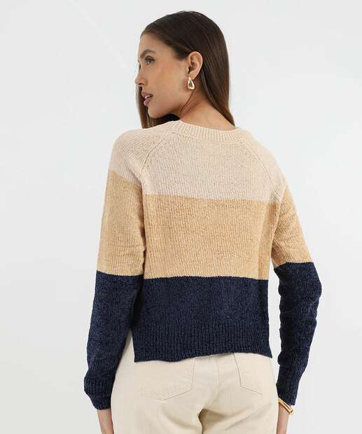 Suéter Feminino Chenille Tricolor Marisa Bege