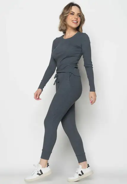 Conjunto  Comfy Com Blusa Manga Longa e Jogger Canelada Grafite Salvatore Fashio