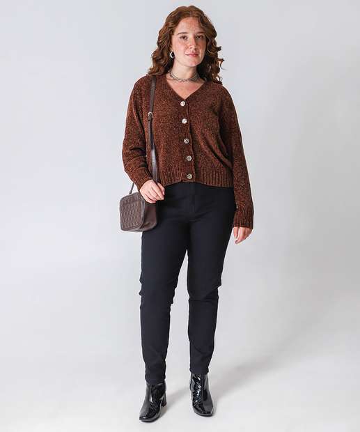 Cardigan Plus Size Feminino Chenille Botões Marisa Marrom