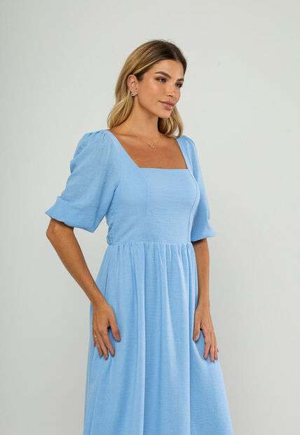 Vestido Longo Com Decote Reto E Manga Bufante 3/4 Azul Salvatore