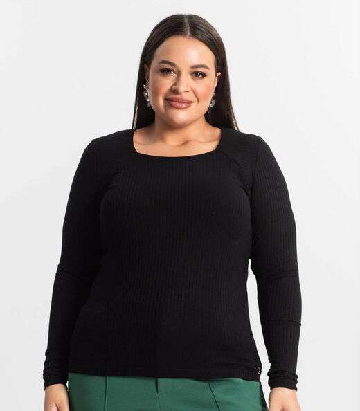 Blusa Plus Size Em Ribana Canelada  Secret Glam Preto