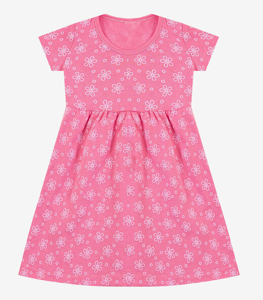 Vestido Infantil Manga Curta Estampado Biju Kids Rosa