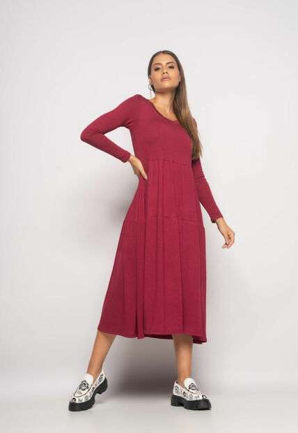Vestido Midi Manga Longa Com Babado Malha Vinho Salvatore