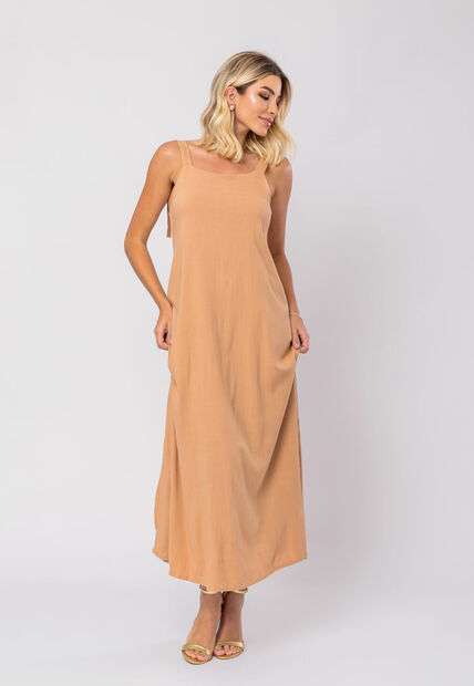 Vestido Midi Viscolinho Premium com Alças Bege Salvatore