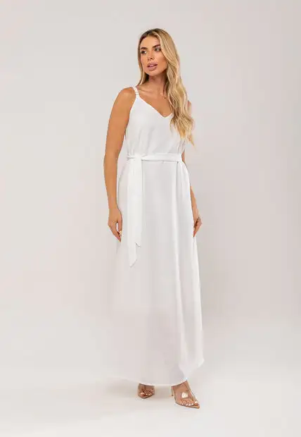 Vestido Longo Com Faixa Na Cintura Branco Salvatore