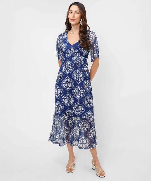 Vestido Midi Feminino Estampado Tule Marisa Azul