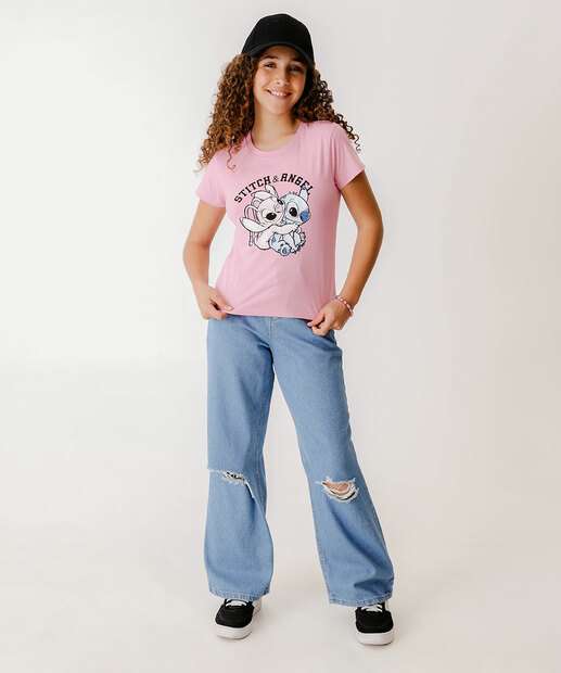 Camiseta Juvenil Manga Curta Stitch e Angel Disney Tam 10 a 16