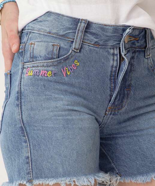 Short Juvenil Jeans Bordado Barra Desfiada Tam 10 a 16