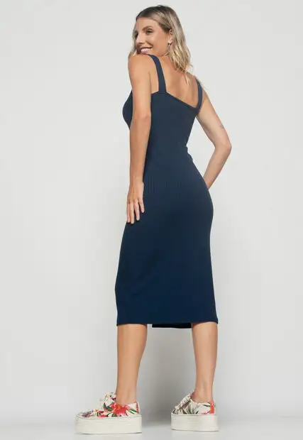 Vestido  Midi Fenda Canelado Azul