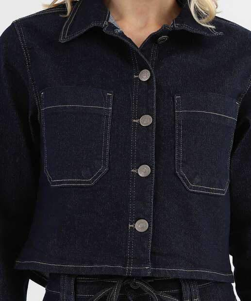 Jaqueta Cropped Feminina Jeans Bolso Sawary Azul