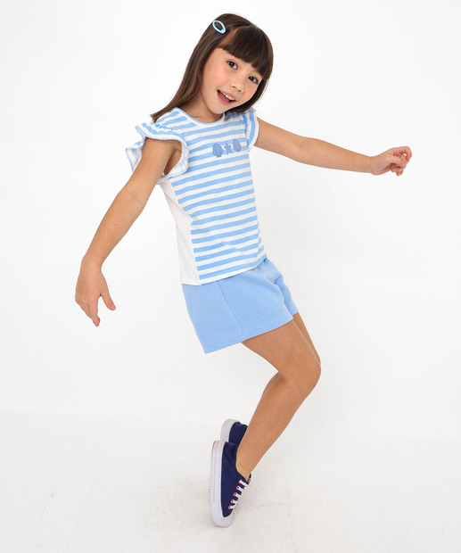 Conjunto Infantil Listrado Babado Marisa Tam 4 a 10 Azul