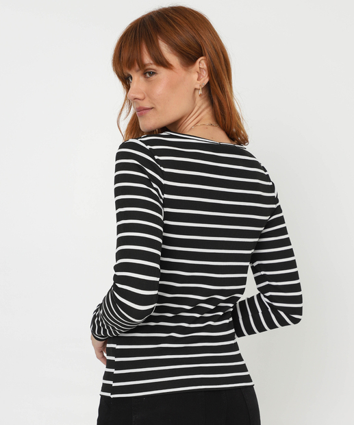 Blusa Feminina Canelada Listrada Manga Longa Marisa Preto