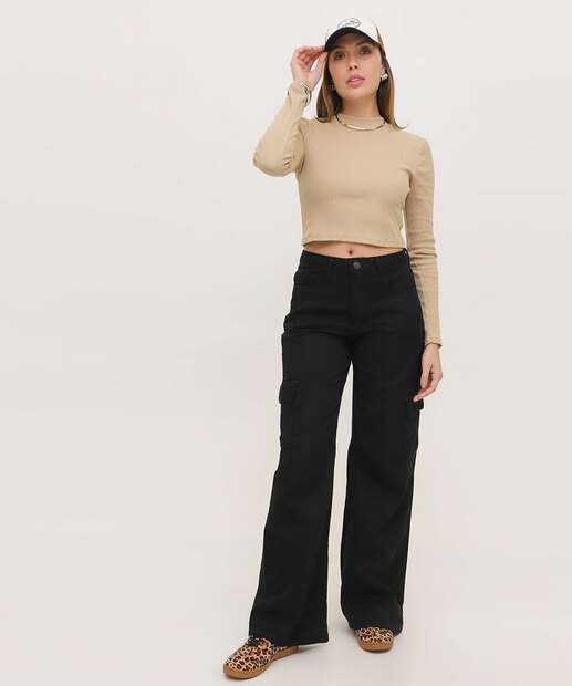 Calça Sarja Wide Leg Bolsos Cargo Feminina 