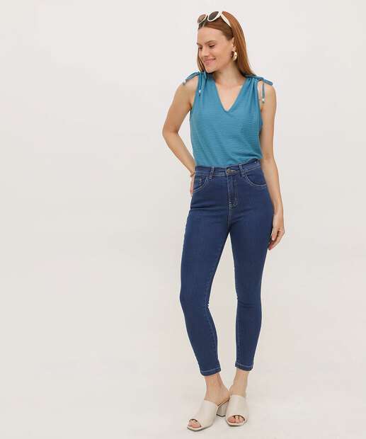 Calça Jeans Skinny Feminina Cintura Alta Bolsos