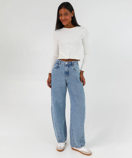 Image_Calça Jeans Barrel Feminina Bolsos Sawary Azul