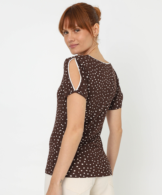 Blusa Feminina Open Shoulder Estampa Poá Marisa Marrom