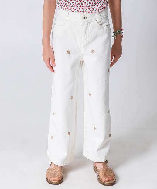 Calça Sarja Pantacourt Infantil Bordado Tam 4 a 8 Off White
