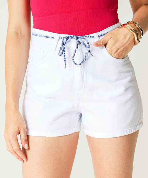 Short Feminino Sarja Cordão Cintura Alta Branco