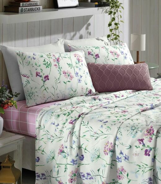 Jogo De Cama Solteiro Floral 200 Fios Lar e Lazer Bege