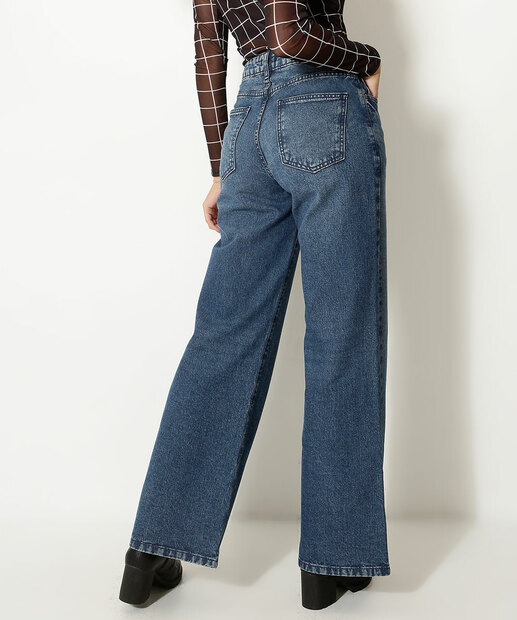 Calça Jeans Wide Leg Feminina Bolsos Marisa