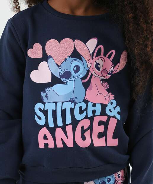 Blusão Infantil Moletom Stitch E Angel Glitter Tam 4 a 10 Azul