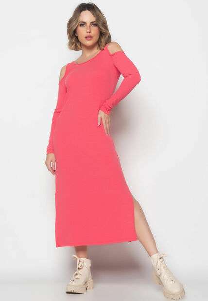 Vestido Midi Ombro Vazado Manga Longa Canelado  Fashion Melancia