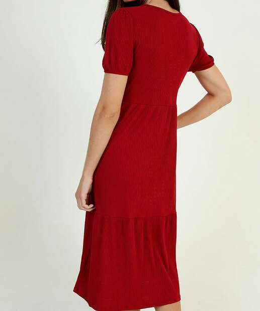 Vestido Midi Feminino Canelado Manga Curta Bufante Marisa