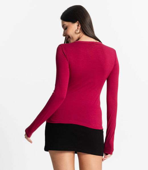 Blusa Manga Longa Decote V Básica Select Vermelho