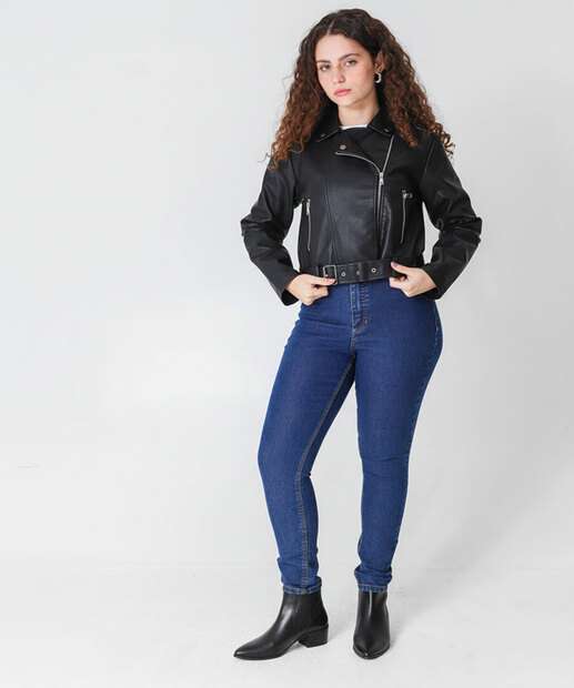 Jaqueta Feminina Biker Bolsos Cinto Marisa Preto