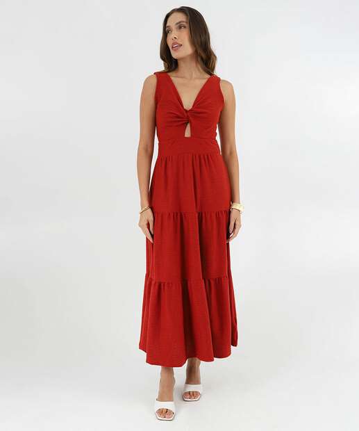 Vestido Midi Feminino Textura Alças Largas Marisa Marrom