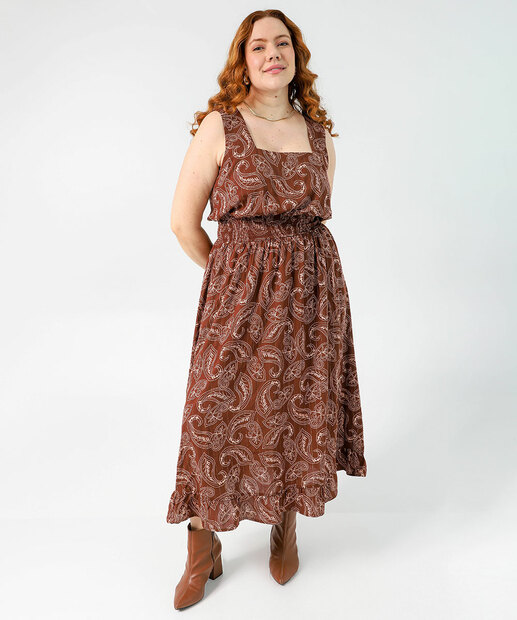Vestido Plus Size Feminino Midi Paisley Marisa Marrom