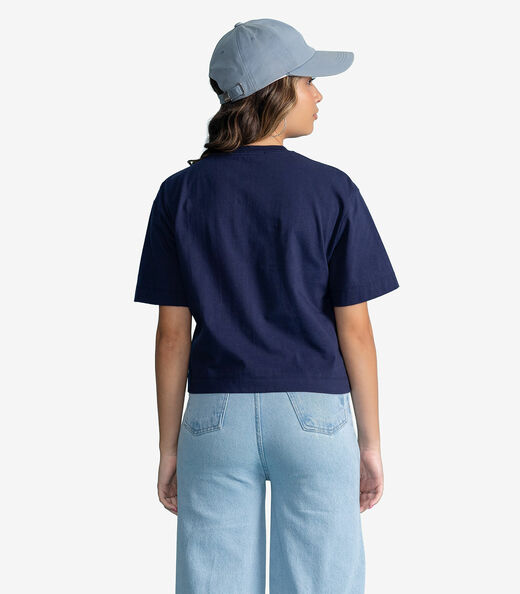 T-Shirt Femina Cropped Meia Malha Estampa Minty Azul