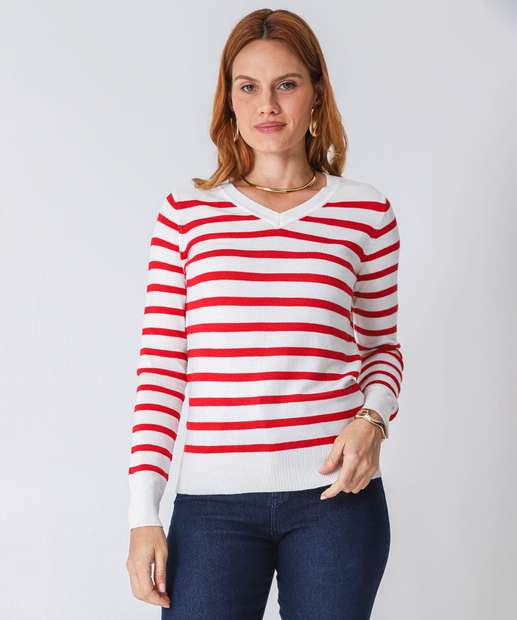 Image_Suéter Feminino Listrado Gola V Marisa Bege