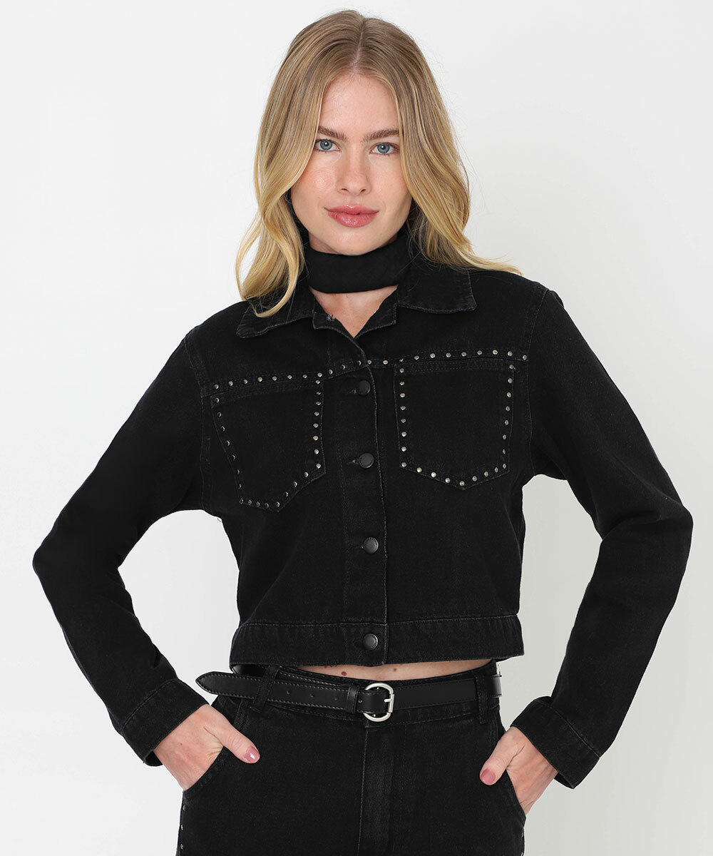 YOSA TeraBolster ブラック Jaqueta Feminina Jeans Bolsos Tachas Preto | Marisa