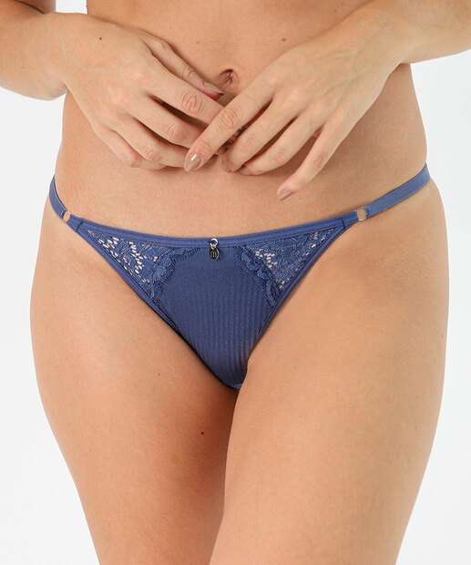 Calcinha String Canelada Recorte Renda Marisa Azul