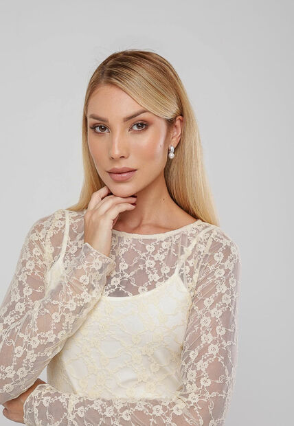 Blusa De Renda Assim?trica Manga Longa Marfim Salvatore