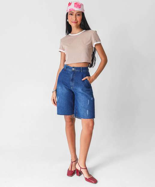 Blusa Cropped Feminina Canelada Marisa Bege
