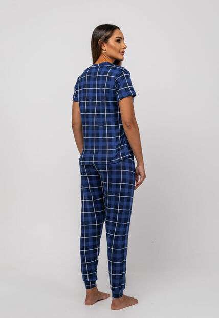 Pijama Calça e Blusa M/C Malha Xadrez Azul Salvatore Fashion