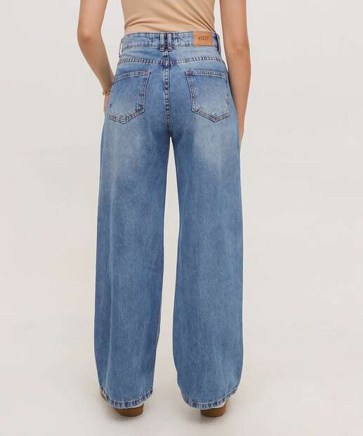 Calça Jeans Wide Leg Bolsos Feminina 
