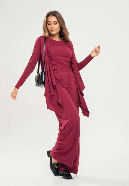 Conjunto Com Kimono, Blusa Manga Longa e Wide Leg Malha Vinho Salvatore