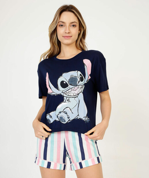 Pijama Feminino Listrado Stitch Manga Curta Disney  