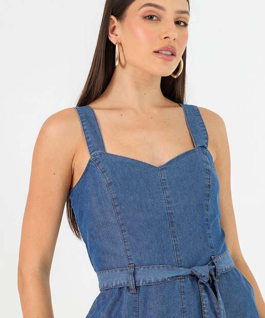 Macacão Feminino Jeans Bolso Alças Largas Marisa Azul