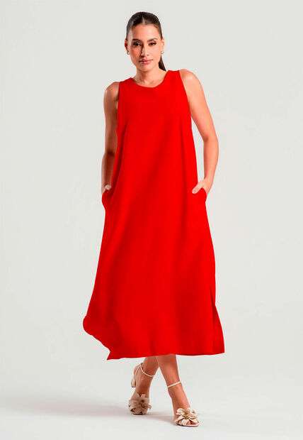 Vestido Midi Alfaiataria Marrant Regata Com Fendas e Bolsos Vermelho Salvatore