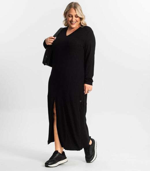 Vestido Midi Plus Size Manga Longa Secret Glam Preto